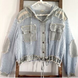 POL Boho Cropped Hooded Jacket Blue Raw Hem Crochet Button Up Medium